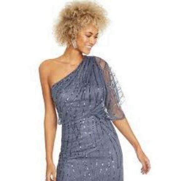 Adrianna Papell Sequined One-Shoulder Gown - Picture 12 of 14